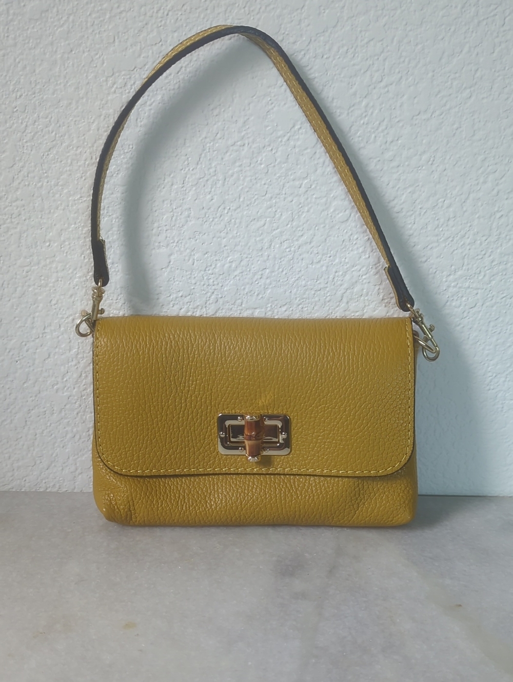 Mustard Yellow Genuine Leather Wristlet Shoulder Bag/Clutch